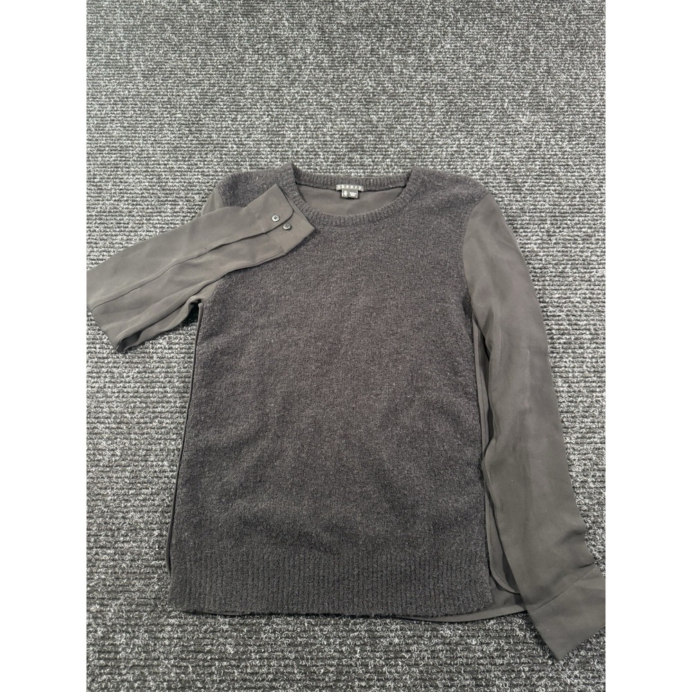 Theory Women M Black Wool Silk Mixed Media Long Sleeve Sweater Blouse Top